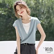 【初色】休閒風純色拼接下襬不規則設計修身短袖T恤上衣女上衣-10款任選-11228(M-2XL/F可選) L B.灰藍色