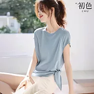 【初色】休閒風純色拼接下襬不規則設計修身短袖T恤上衣女上衣-10款任選-11228(M-2XL/F可選) L C.藍色