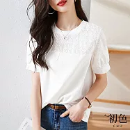 【初色】休閒風純色拼接下襬不規則設計修身短袖T恤上衣女上衣-10款任選-11228(M-2XL/F可選) M H.白色