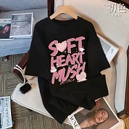 【初色】休閒風純色拼接下襬不規則設計修身短袖T恤上衣女上衣-10款任選-11228(M-2XL/F可選) L I.字母愛心-黑色