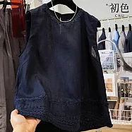 【初色】韓系輕奢純色蕾絲刺繡花邊圓領無袖亞麻馬甲背心女背心-藏青色-13715(M-2XL可選) M 藏青色