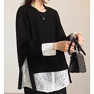 【MsMore】 時尚蕾絲假兩件圓領長袖大碼上衣# 125550 M 黑色