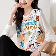 【MsMore】 長袖印花拼接長袖休閒上衣# 125865 M 花紋色