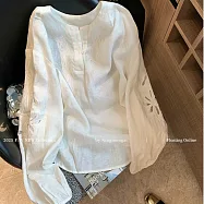 【ACheter】 老錢風白色鏤空刺繡亞麻長袖上衣# 125868 2XL 白色