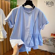 【初色】法式甜美不規則拼接圓領短袖襯衫T恤上衣女上衣-共2色-13719(M-4XL可選) 2XL 藍色