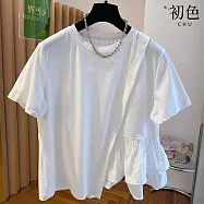 【初色】法式甜美不規則拼接圓領短袖襯衫T恤上衣女上衣-共2色-13719(M-4XL可選) 3XL 白色