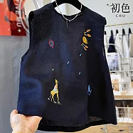 【初色】韓系刺繡小圖亞麻風輕薄透氣馬甲圓領背心女背心-藏青色-13720(M-2XL可選) M 藏青色