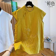 【初色】新中式復古風斜門襟盤扣刺繡圓領短袖襯衫上衣女上衣-共2色-13721(M-2XL可選) XL 黃色