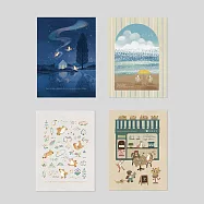 【 Hello Studio 你好工作室】星辰無憂夜/金光下的海/繽紛夢遊日/香頌畫咖啡|明信片四入組