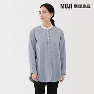 【MUJI 無印良品】女水洗平織布立領長版襯衫 M 深藍直紋