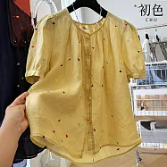 【初色】韓系氣質重工愛心刺繡撞色鈕扣圓領短袖小衫襯衫上衣女上衣-共2色-13728(M-2XL可選) M 黃色