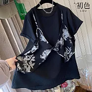 【初色】法式假兩件碎花吊帶馬甲短袖T恤上衣女上衣-黑色-13731(L-XL可選) L 黑色