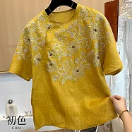 【初色】復古風斜門襟圓領短袖刺繡襯衫上衣女上衣-共2色-13732(M-2XL可選) 2XL 黃色