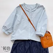 【初色】簡約設計感拉夫領純色寬鬆七分縮口長袖襯衫上衣女上衣-藍色-13733(M-2XL可選) M 藍色