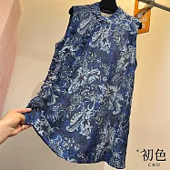 【初色】復古國風中長款薄款寬鬆滿版印花盤扣立領無袖背心襯衫上衣女上衣-藍色-13669(M-3XL可選) XL 藍色