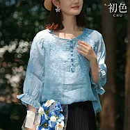 【初色】純色圓領寬鬆荷葉邊七分袖刺繡休閒襯衫上衣女上衣-共4色-13740(M-3XL可選) M 藍色