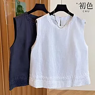 【初色】純色圓領刺繡花邊無袖馬甲背心襯衫上衣女上衣-共2色-13661(M-2XL可選) M 白色
