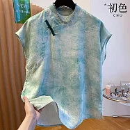 【初色】中式立領植物印花斜襟改良版旗袍短袖上衣女上衣-綠色13664(M-3XL可選) M 綠色