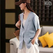 【初色】棉麻風V領短袖單排釦大口袋西裝外套女外套-共3色-14792(M-2XL可選) M 藍色