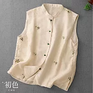 【初色】國風碎花緹花盤扣開衩立領外穿馬甲寬鬆背心女背心-杏色-13805(M-2XL可選) M 杏色