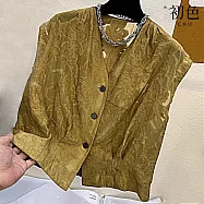 【初色】純色V領印花單排釦無袖馬甲背心上衣女上衣-共3色-13807(M-2XL可選) M 黃綠色