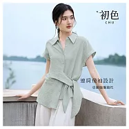 【初色】法式純色翻領短袖連肩飛袖收腰繫帶襯衫上衣女上衣-共2色-13844(M-2XL可選) M 灰綠色