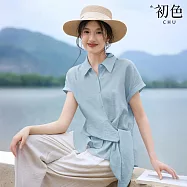 【初色】法式純色翻領短袖連肩飛袖收腰繫帶襯衫上衣女上衣-共2色-13844(M-2XL可選) M 淺藍色