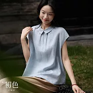 【初色】日系簡約純色輕薄娃娃領單排後扣連肩飛袖襯衫上衣女上衣-共3色-13846(M-XL可選) M 藍色