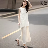 【初色】法式慵懶立體剪花假兩件壓褶直筒圓領背心裙連衣裙連身洋裝長洋裝-米白色-13841(M-2XL可選) M 米白色