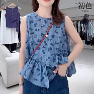 【初色】韓版圓領蝴蝶結滿版印花荷葉邊造型設計無袖背心上衣女上衣-藍色-13852(M-2XL可選) M 藍色