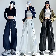 【MsMore】 兩穿工裝褲美式戶外登山顯瘦彎刀休閒配腰繩長褲# 125605 L 黑色