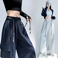 【MsMore】 兩穿工裝褲美式戶外登山顯瘦彎刀休閒配腰繩長褲# 125605 2XL 藏青色