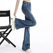 【MsMore】 高腰微喇牛仔褲修身顯瘦馬蹄喇叭# 125879 XL 牛仔藍色