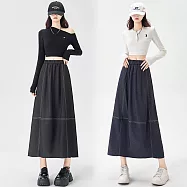 【MsMore】 明線撞色天絲牛仔花苞高腰顯瘦A字傘裙# 125888 L 黑色