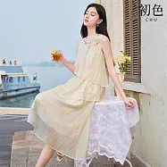 【初色】法式純色圓領無袖荷葉邊不規則下擺中長連衣裙連身洋裝-共2色-13861(M-2XL可選) M 杏色