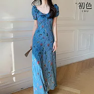 【初色】法式碎花修身顯瘦荷葉領綁帶澎袖連衣裙連身洋裝長洋裝-藍色-13863(M-2XL可選) M 藍色