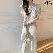 【初色】氣質印花圓領荷葉邊短袖綁帶收腰中長連衣裙連身洋裝-藍綠色-13864(M-2XL可選) M 藍綠色