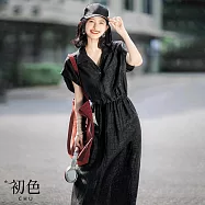 【初色】休閒假兩件肌理感龜裂紋鬆緊腰POLO領連肩短袖連衣裙連身洋裝長洋裝-黑色-13868(M-XL可選) M 黑色