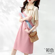 【初色】休閒拚色氣質修身顯瘦短袖中長連衣裙洋裝-14款任選-69276(M-2XL可選) M C.粉色
