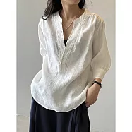 【MsMore】 白色V領亞麻七分袖襯衫老錢風百搭上衣# 125752 XL 白色