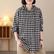 【ACheter】 格紋襯衫連帽抽繩大碼百搭顯瘦長袖上衣# 125850 M 格子色