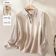 【MsMore】 簡約氣質假兩件撞色拼接條紋百搭長袖上衣# 125889 M 杏色