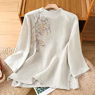 【ACheter】 刺繡雨露麻色輕中式棉復古長袖上衣# 125959 2XL 米白色