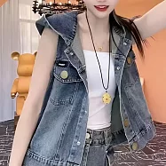 【ACheter】 網紅潮流百搭薄款牛仔背心連帽外套# 125973 L 藍色