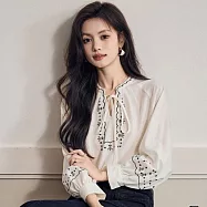 【MsMore】 仿天絲刺繡重工長袖襯衫上衣# 125980 M 米白色