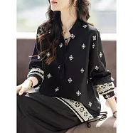 【MsMore】 V領繫帶花朵刺繡復古長袖上衣# 125984 M 黑色