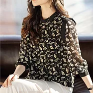 【MsMore】 長袖氣質印花雪紡衫顯瘦長上衣# 126005 M 黑色