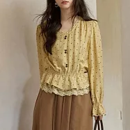 【MsMore】 黃色波點亞麻蕾絲花邊V領長袖上衣# 126006 M 黃色