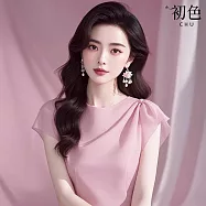 【初色】氣質純色圓領短袖特殊剪裁襯衫上衣女上衣-共2色-13892(M-2XL可選) 2XL 粉紅色