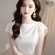 【初色】氣質純色圓領短袖特殊剪裁襯衫上衣女上衣-共2色-13892(M-2XL可選) XL 白色